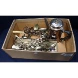 Box of assorted plated cutlery, small coffee pot etc. (B.P. 24% incl.