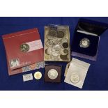 A box of assorted coins, to include silver double florin, two silver crowns,