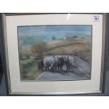 Elizabeth M Davies (Welsh 20th Century), Welsh mountain ponies on a mountain road, signed, pastels.