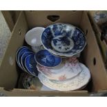 Box of assorted china to include; Copenhagen porcelain small plates, blue and white Ironstone bowl,