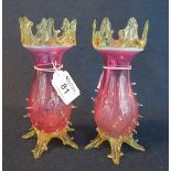 Pair of Victorian cranberry and vaseline glass vases with pointed decoration. (2) (B.P. 24% incl.
