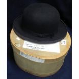 Vintage black felt gent's bowler hat by Christys' London in original cardboard hat box. (B.P.