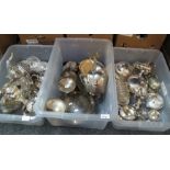 Three boxes of assorted metalware to include; white metal coffee and teaware, toast rack,