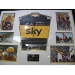 Sir Bradley Wiggins signed and framed Sky cycling jersey with montage of photographs. (B.P.