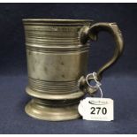 18th/19th Century reeded straight sided pewter tankard with scrolled loop handle. (B.P. 24% incl.