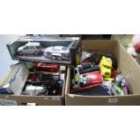 Two boxes of mainly playworn diecast model vehicles, sports cars, boxed,