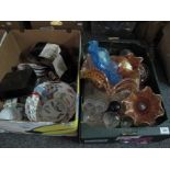 Four boxes of miscellaneous items to include; carnival glass, oriental porcelain cups, saucers,