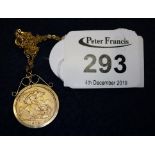 George V gold half sovereign 1913 in 9ct gold pendant mount with fine link chain. (B.P. 24% incl.