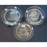 A set of three Lalique marine decorated glass ship's cabinet plates, etched to the back 'Lalique,
