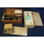 19th/early 20th Century brass monocular microscope in fitted wooden box with wooden boxes of