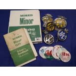 Vintage RAC badge and three vintage AA badges, together with modern VW badge,