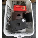 Box of vintage cameras to include; a Kodak no 2A Cartridge Hawkeye Model B Brownie camera,