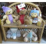 Collection of Keel soft toy teddy bears on a wicker shelving unit. (B.P. 24% incl.