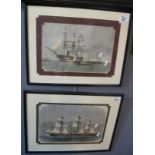 Marine school pair of sparsely coloured engravings of 19th Century sailing ships.