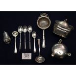 Group of assorted silver and plated condiment items, odd spoons, tea strainer etc. (B.P. 24% incl.