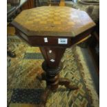 Victorian walnut marquetry and parquetry inlaid lady's workbox on a carved triform base. (B.P.