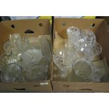 Two boxes of assorted glassware to include; moulded and cut glass vases, bowls, jugs, plates etc.