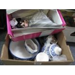Box of mainly blue and white china to include; oriental design vases, gravy boat, cheese dish,