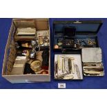 Box of oddments, various, including; paperweight, corkscrew, small photographs, playing cards,