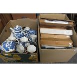 Box of mostly blue and white china to include; Willow design plates and teapot,