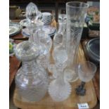 Tray of assorted glass to include: various decanters and stoppers; liqueur glasses;