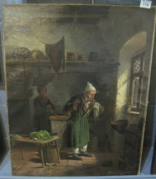 Continental school, kitchen interior with figures, indistinctly signed, oils on canvas.