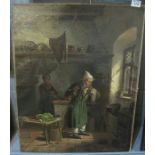 Continental school, kitchen interior with figures, indistinctly signed, oils on canvas.