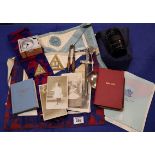 Box of assorted items to include; Masonic regalia and books,