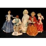 Five Royal Doulton bone china figurines to include; 'Tea time' HN2255, 'Christmas Morn' HN1992,
