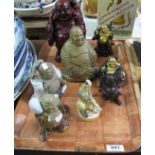 Tray of eight modern Chinese figures to include: Shiwan pottery carved and stained wooden figure;