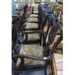 Set of six mahogany Chippendale style dining chairs having floral and foliate stuff over seats with
