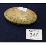 Brass oval shaped miner's tobacco box, rubbed engraving Fforestfach near Swansea. (B.P. 24% incl.