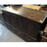 18th Century oak mule chest, having four arched ogee fielded panels above three fitted drawers. (B.