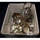 Box of assorted silver plate, to include; teapots, cake basket, baluster jug and tankard.