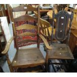 Early 20th Century oak high ladder back open armchair,