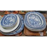Two trays of blue and white transfer printed oval meat dishes, 'Willow' pattern etc. (B.P. 24% incl.