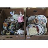 Two boxes of assorted china to include; various figurines of ladies and animals including; Coalport,
