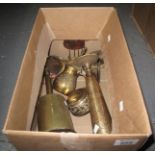 Box of assorted brassware to include; bottle jack, goblets, Middle Eastern dahla etc. (B.P.