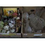 Two boxes of miscellaneous items to include; cut glass vases, bowl, salts etc, a model fishing boat,