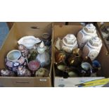 Two boxes of assorted china and glass to include; copper lustre dresser jugs,