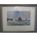 A Downes, fishing smacks off a stormy pier, signed, 20 x 33cm approx. Framed and glazed. (B.P.
