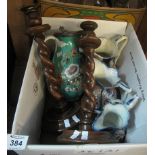 Box of assorted items to include; wooden candlesticks, pouch shaped dresser jugs,