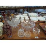 Tray of assorted glassware to include; ruby flash cut decanter and stopper, pedestal fruit bowls,