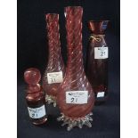 Collection of cranberry glass to include; pair of swirl decorated vases,