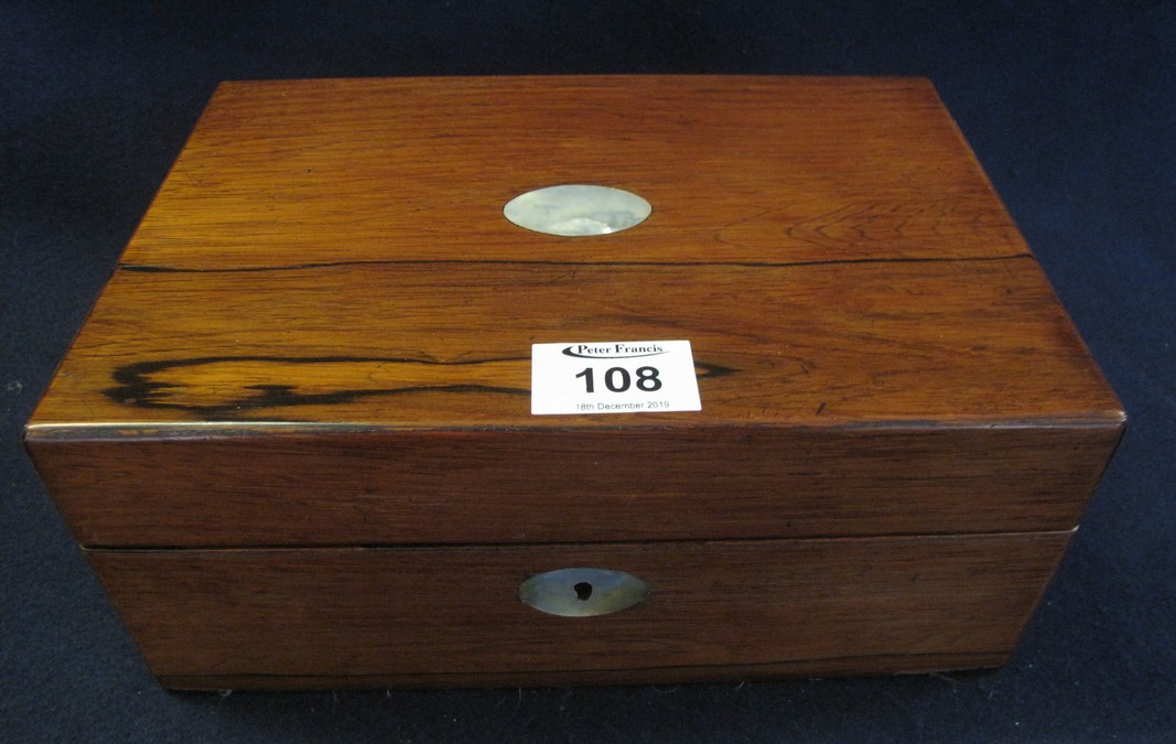 19th Century rosewood ladies jewellery box with mother of pearl escutcheon. (B.P. 24% incl.