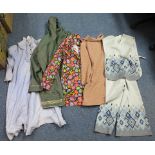 Box of ladies 60's-70's vintage clothing to include; green hooded mac with decorative trim,