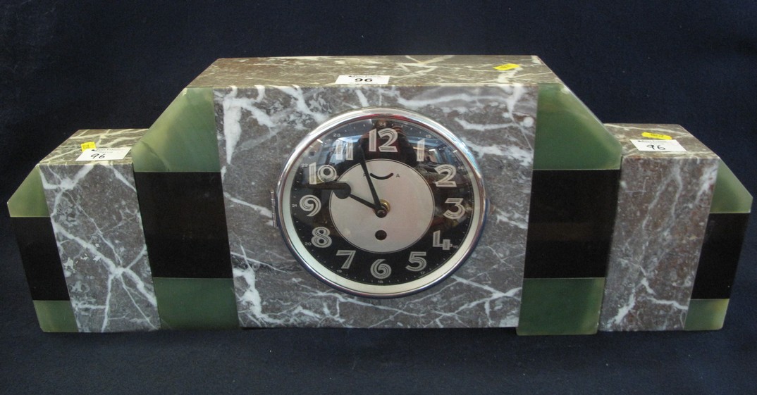 Art Deco design marble clock garniture, single train movement and two matching supporters. (3) (B.P.