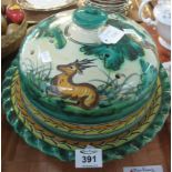 Modern Italian pottery cheese dome and cover, overall decorated with stags in a forest.