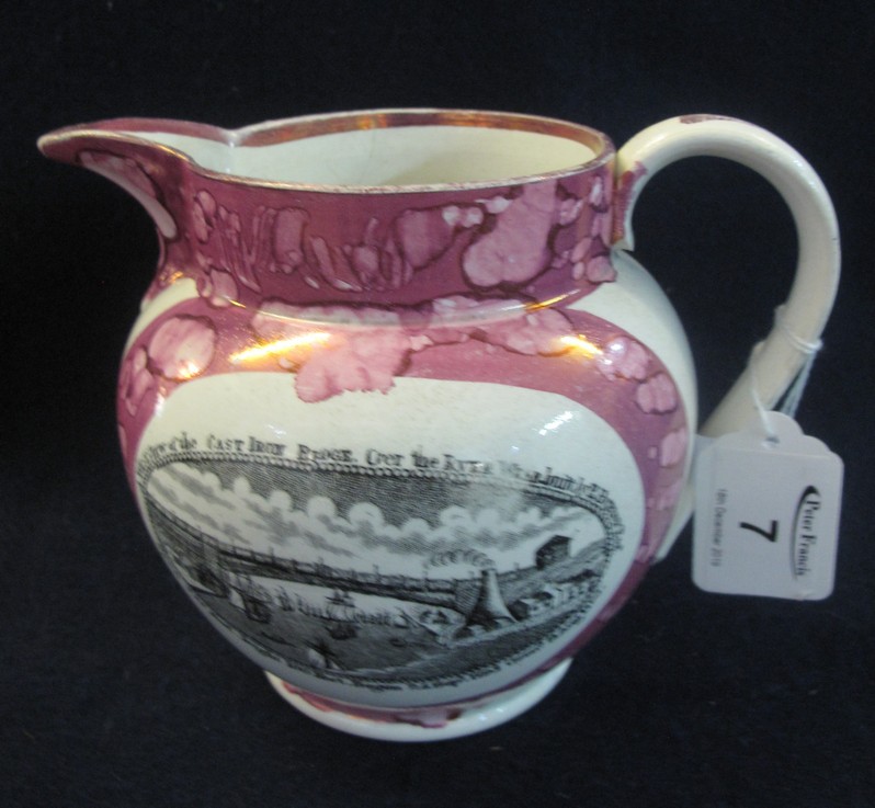 19th Century Sunderland lustre pottery single handled jug with transfer printed decoration,