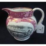 19th Century Sunderland lustre pottery single handled jug with transfer printed decoration,